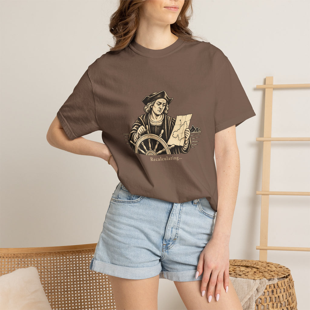 Recalculating t-shirt: vintage navigator at a ship's wheel