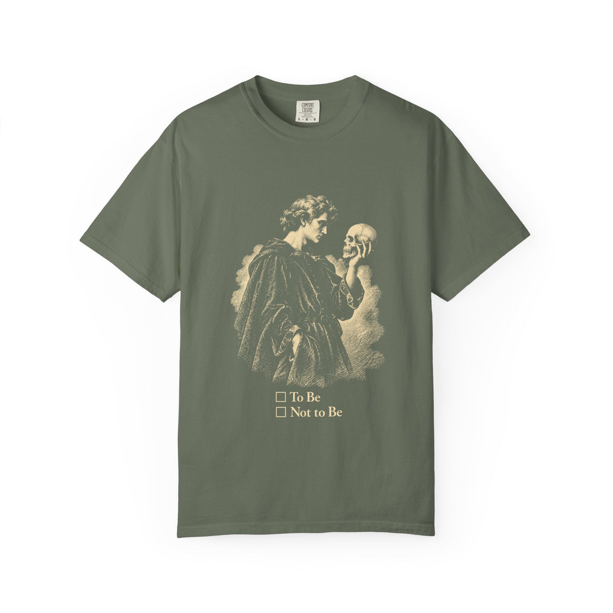 To Be Determined t-shirt: Hamlet holding a skull above To Be / Not to Be checkboxes