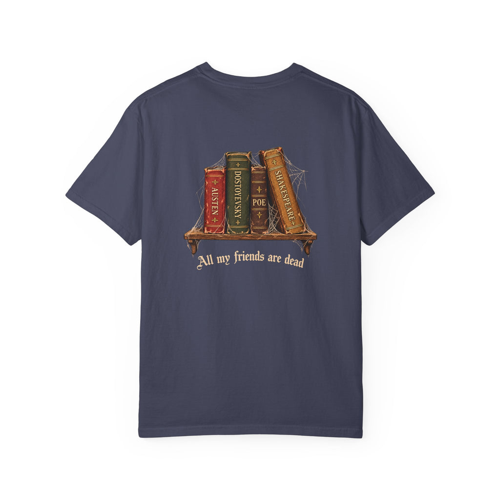 All My Friends Are Dead Dead Letters t-shirt: aged books and cobwebs