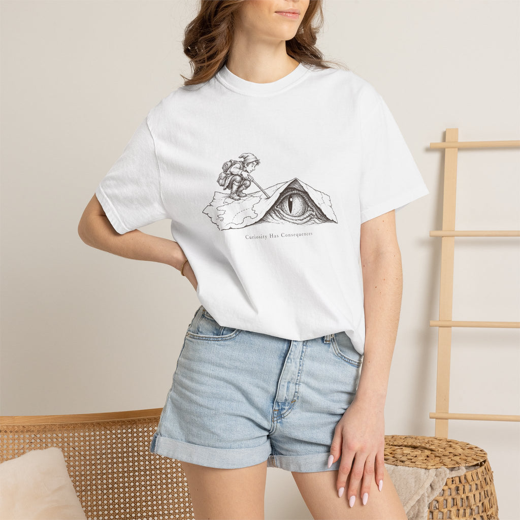 Curiosity Has Consequences t-shirt: vintage explorer at a mountain cave