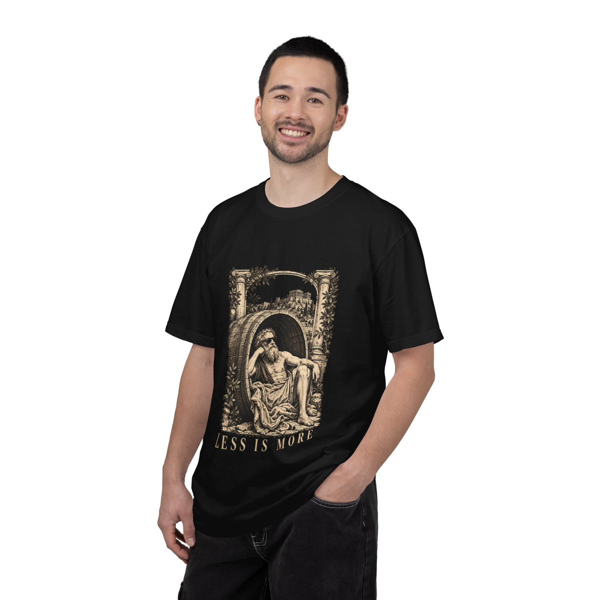 Less Is More t-shirt: Diogenes in sunglasses reclining in his barrel