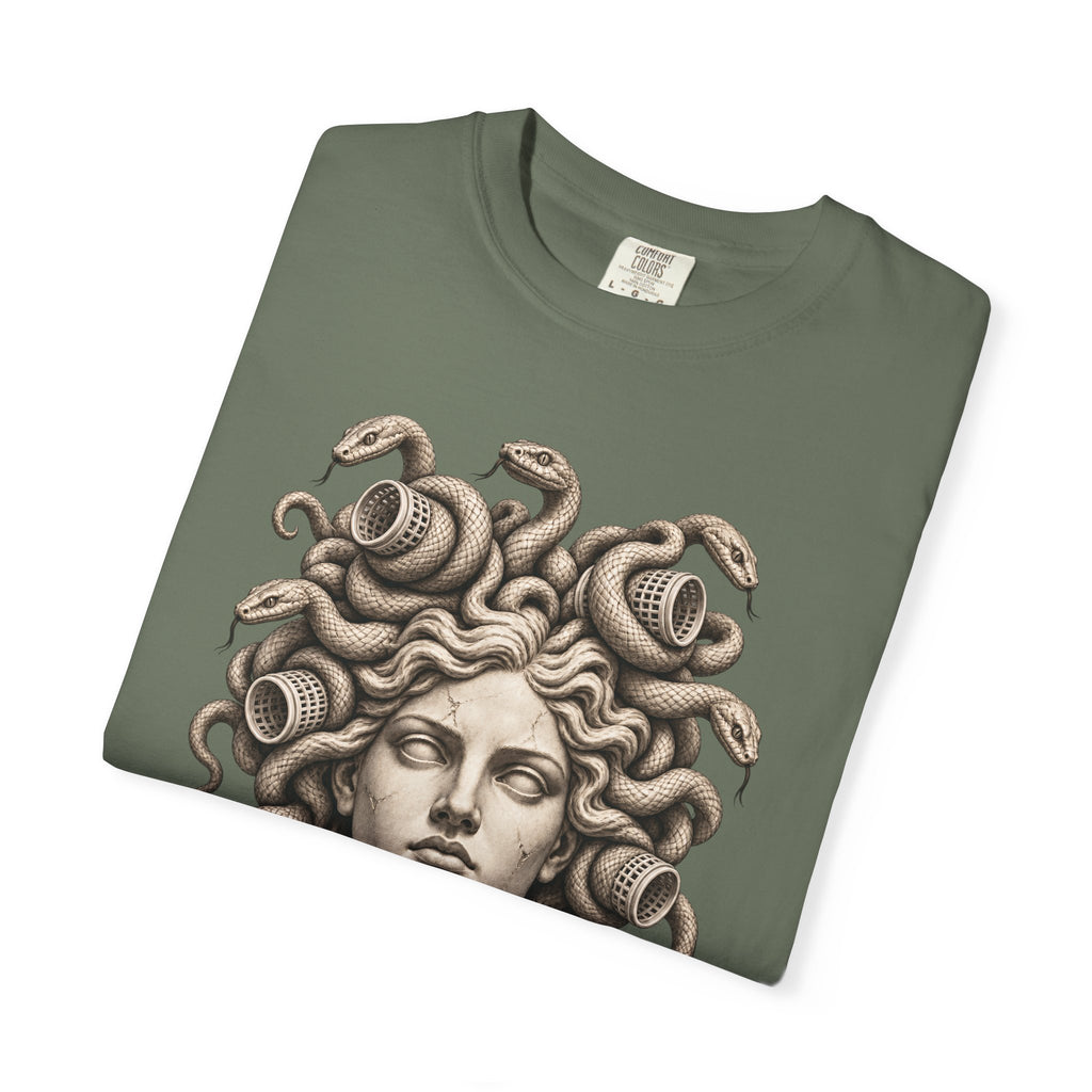 Bad Hair Day t-shirt: Medusa with her snakes in hair rollers