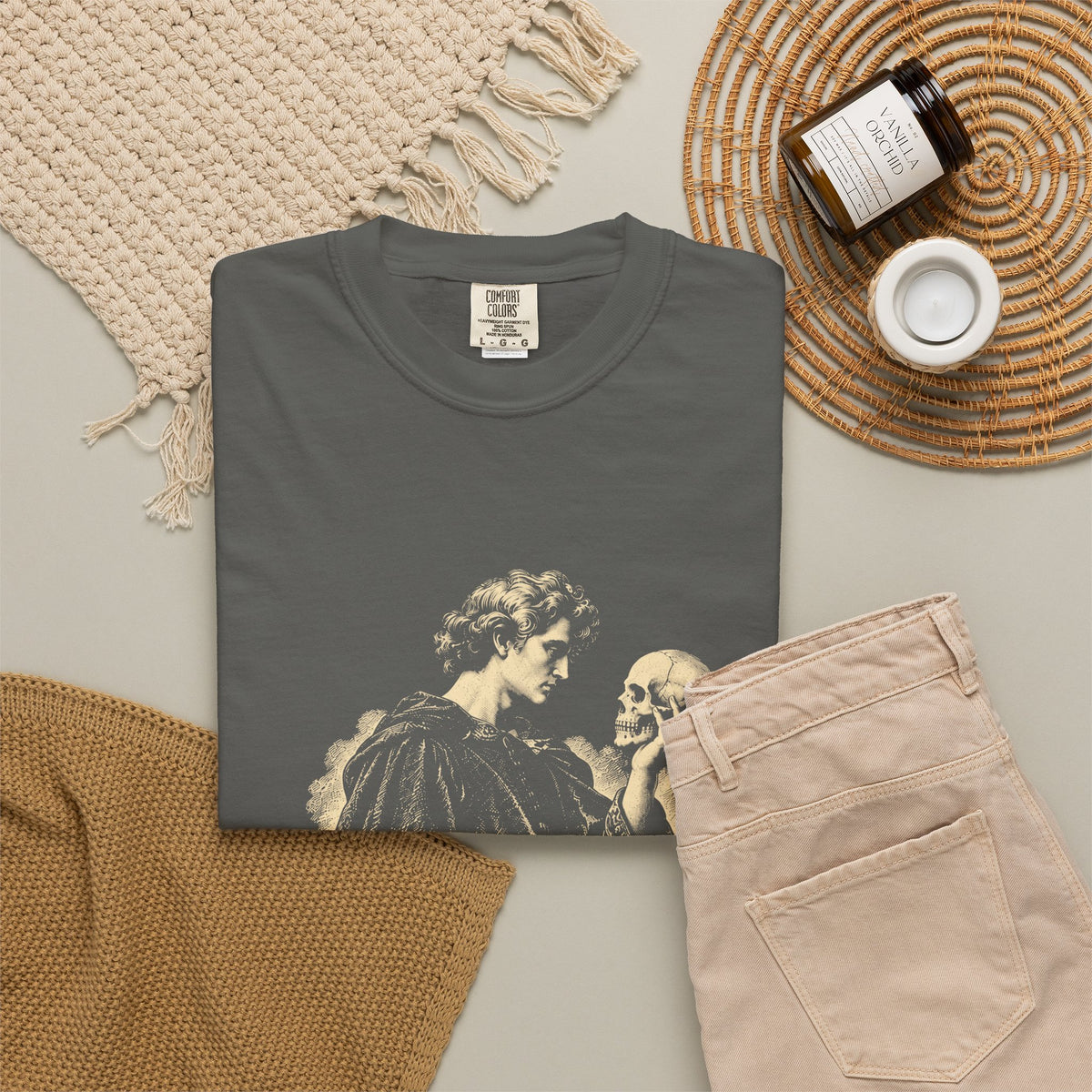 To Be Determined t-shirt: Hamlet holding a skull above To Be / Not to Be checkboxes