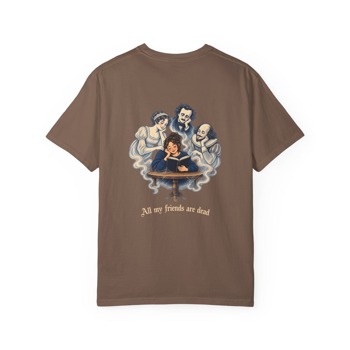 All My Friends Are Dead Familiar Spirits t-shirt: reader with ghostly companions