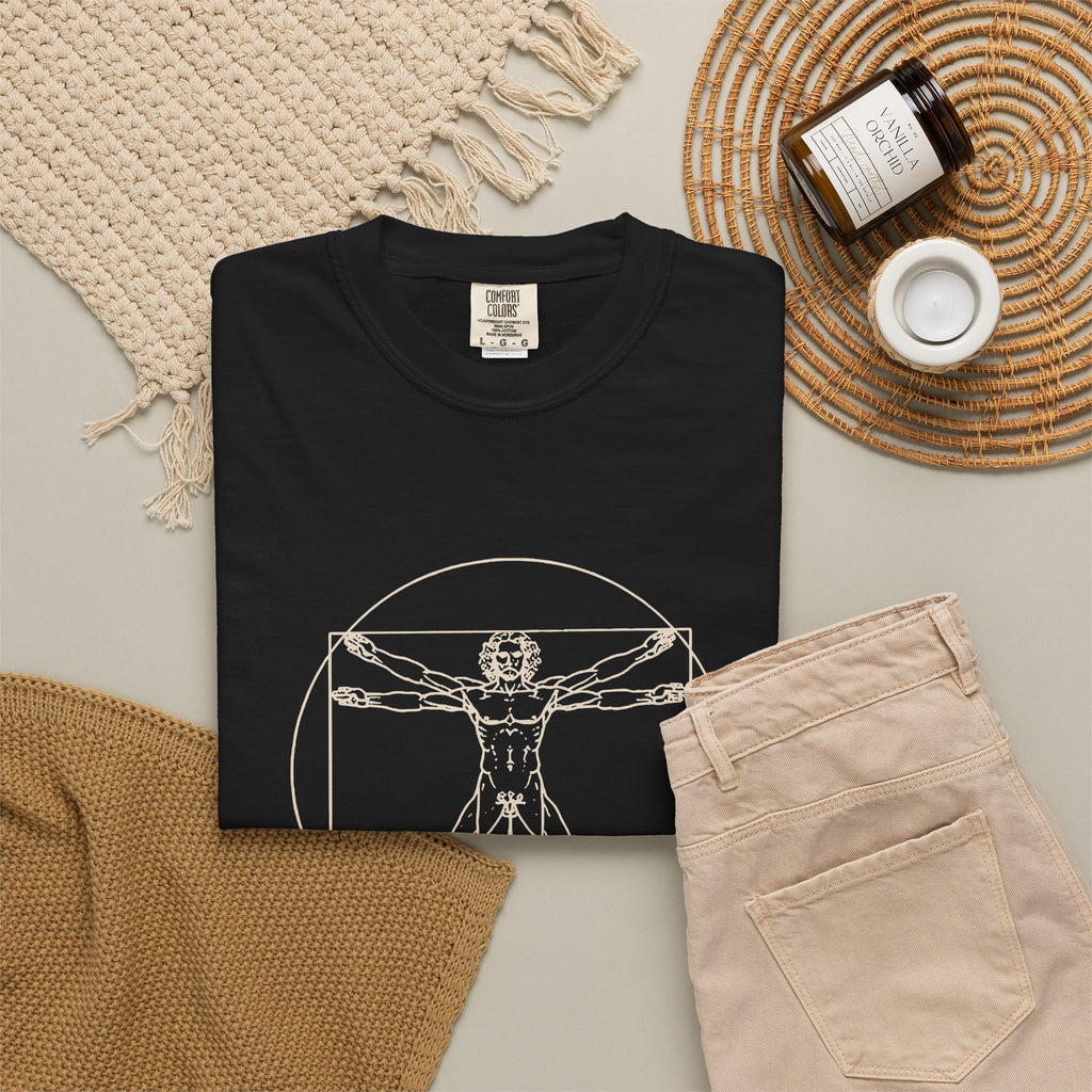 Built Different t-shirt: tonal Leonardo-style anatomy sketch