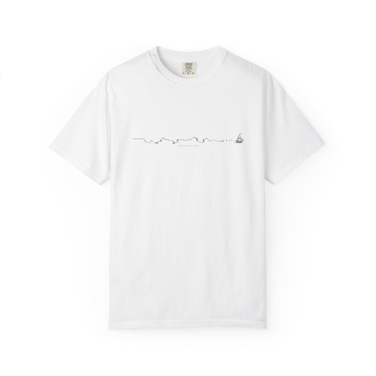 Uncharted t-shirt: fine-line panorama of paths, mountains and a ship