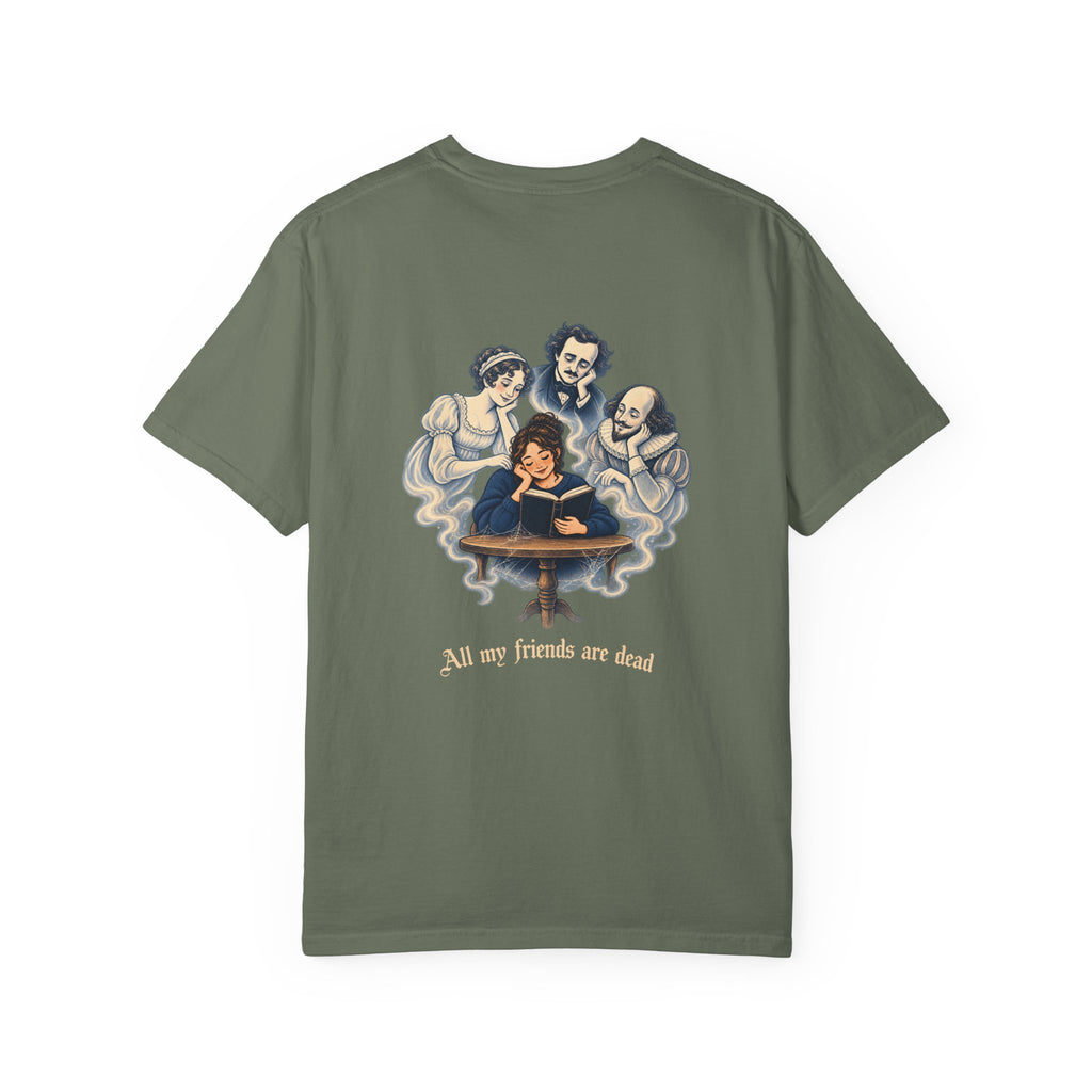 All My Friends Are Dead Familiar Spirits t-shirt: reader with ghostly companions