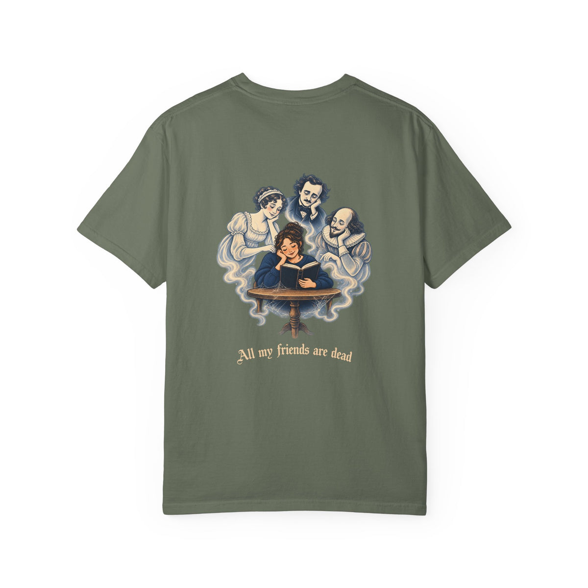 All My Friends Are Dead Familiar Spirits t-shirt: reader with ghostly companions