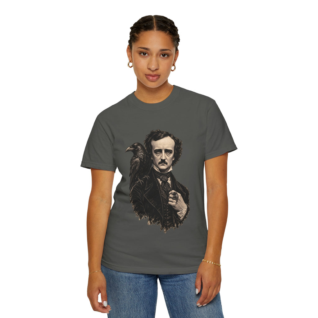 Poe After Dark t-shirt: Edgar Allan Poe portrait with a raven