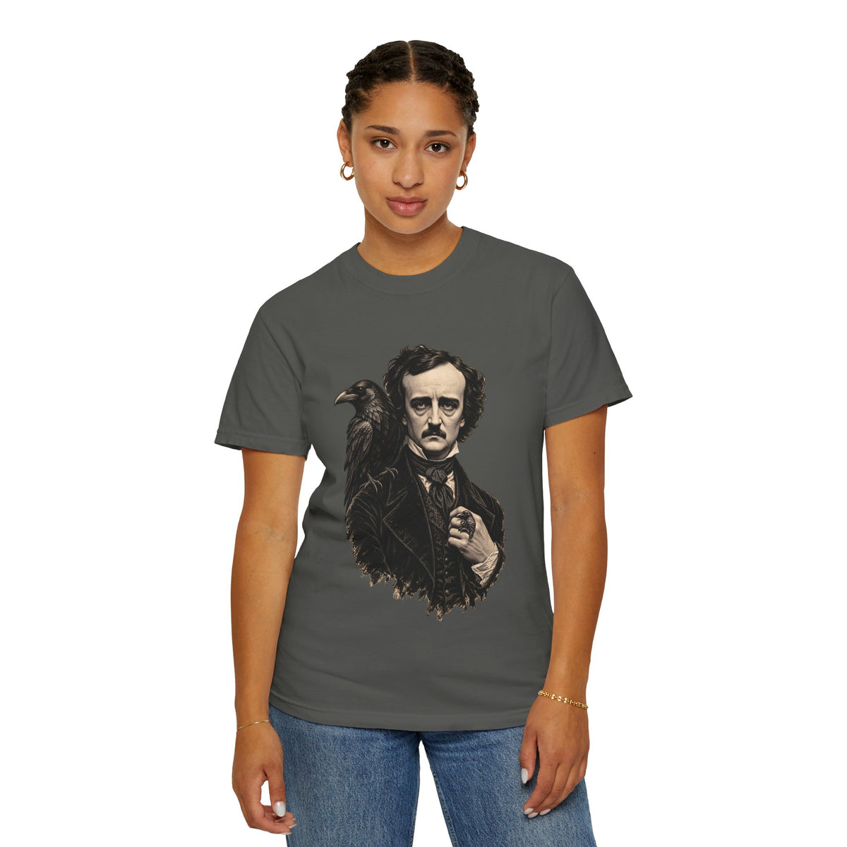 Poe After Dark t-shirt: Edgar Allan Poe portrait with a raven