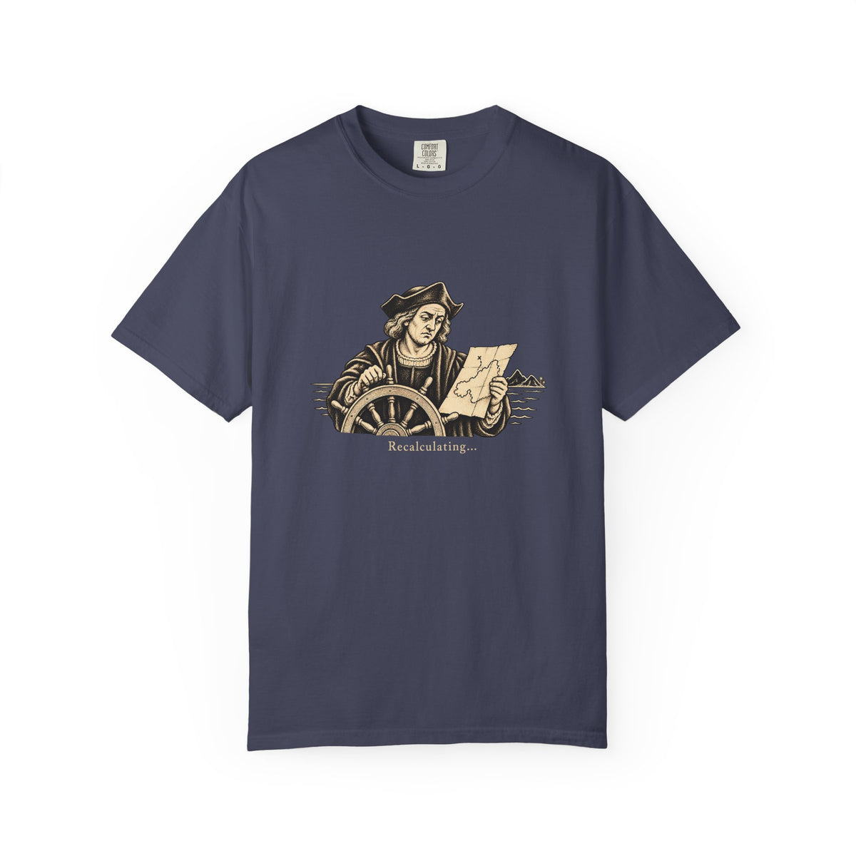 Recalculating t-shirt: vintage navigator at a ship's wheel