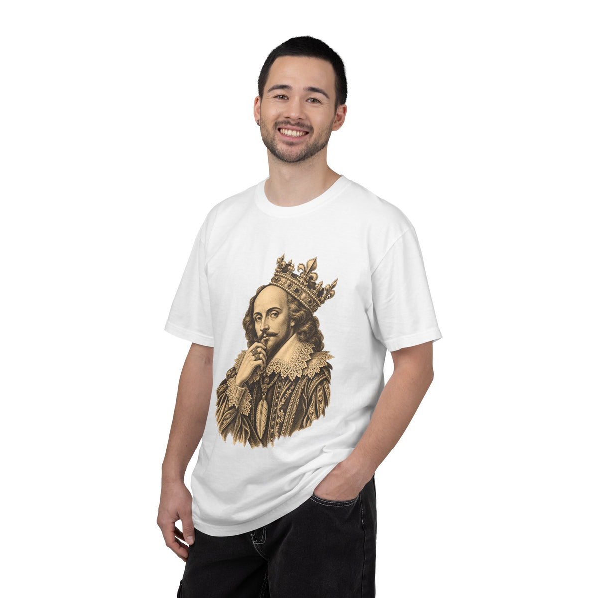 The Bard t-shirt: crowned William Shakespeare engraving-style portrait