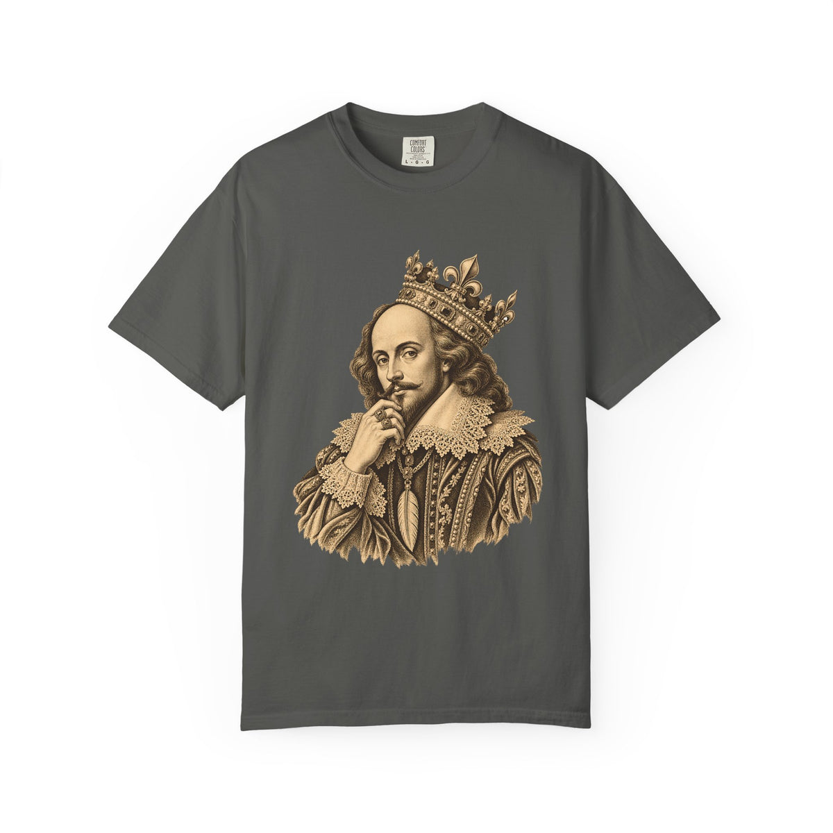 The Bard t-shirt: crowned William Shakespeare engraving-style portrait