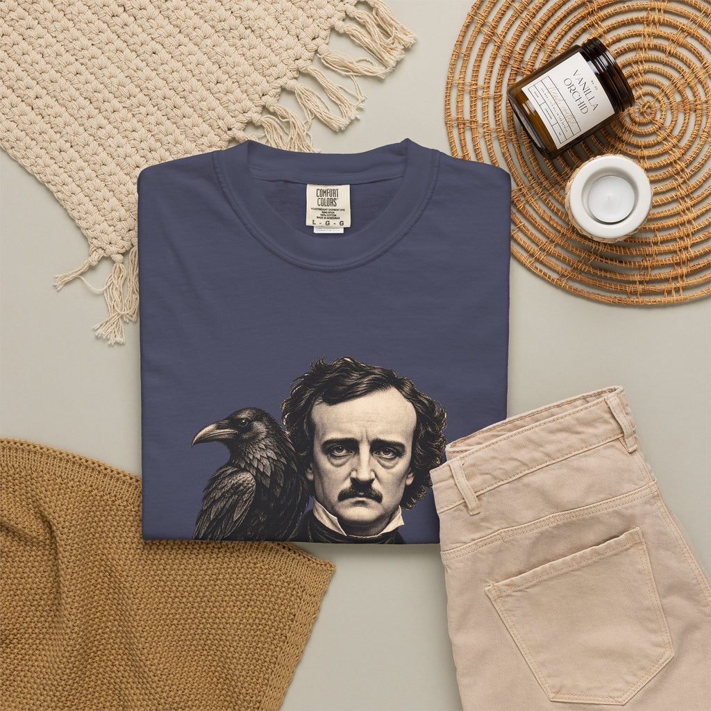 Poe After Dark t-shirt: Edgar Allan Poe portrait with a raven