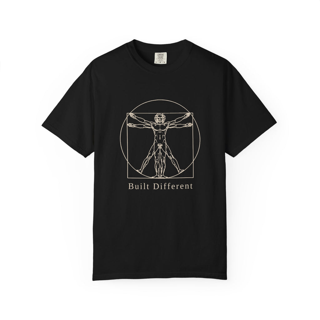 Built Different t-shirt: tonal Leonardo-style anatomy sketch