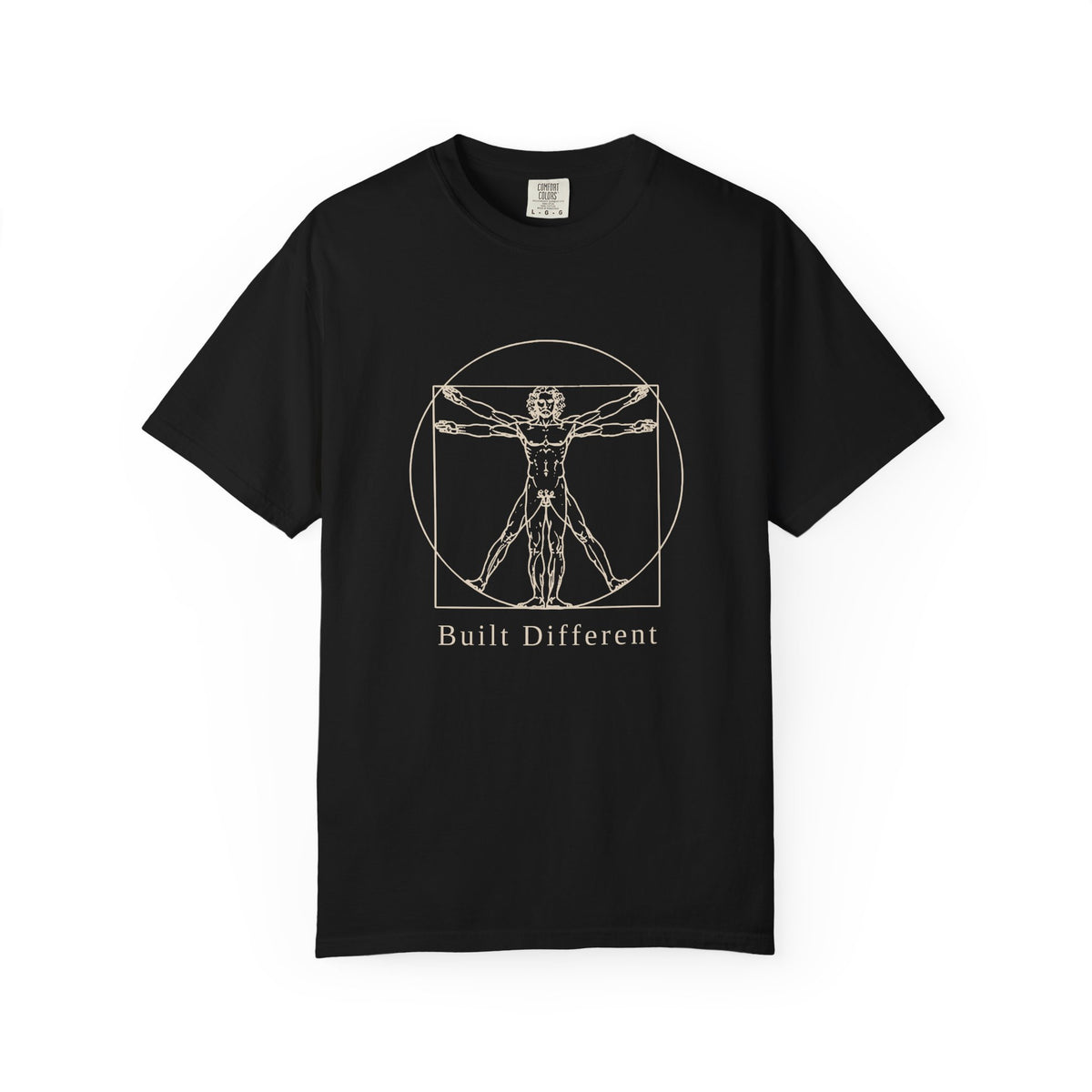 Built Different t-shirt: tonal Leonardo-style anatomy sketch