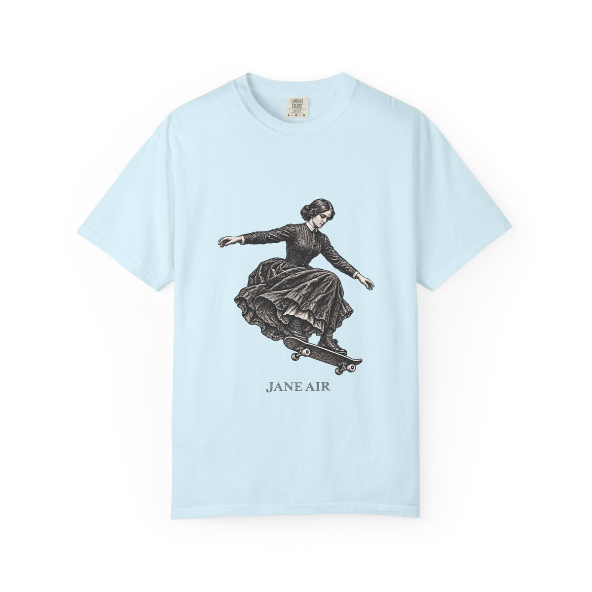 Jane Air t-shirt: Jane Eyre-inspired woman in period dress on a skateboard